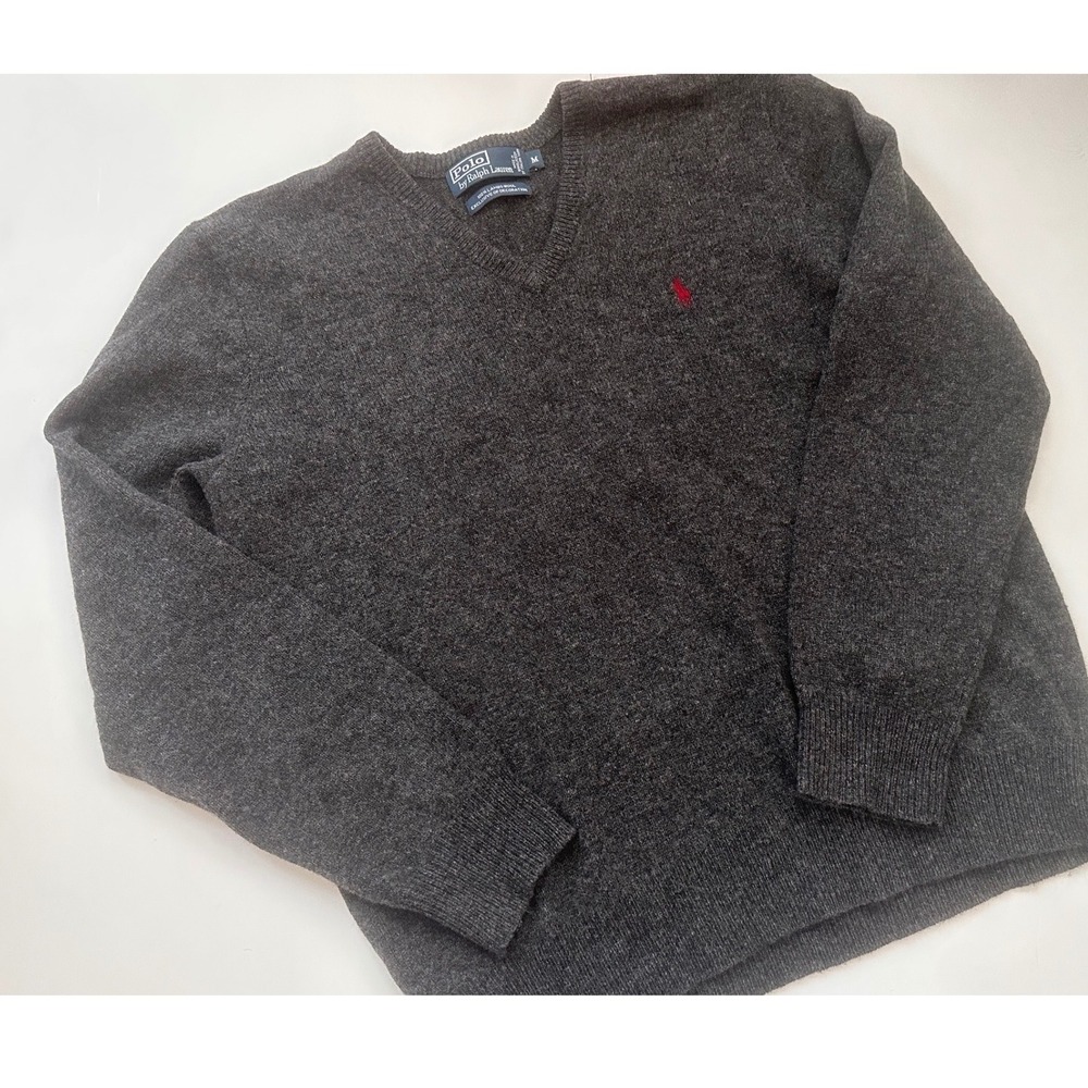 Polo Ralph Lauren Mens 100% Lambs Wool V-Neck Sweater Charcoal Red Pony‎ Size M
